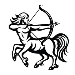Silhouette of Centaur Archer Black and White Firing Bow and Arrow on White Background