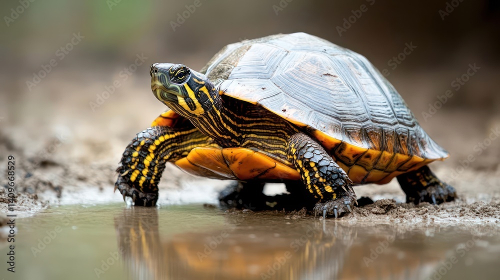 Poster close-up shot of a wet turtle with a distinctive striped pattern on its neck and legs, walking throu