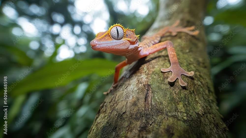 Poster close-up of a gecko with orange and gray coloration, clinging to a textured tree trunk in a lush, gr