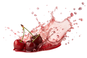 Fresh ripe cherries with splashing cherry juice, isolated on white background, capturing a vibrant and refreshing moment