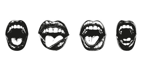 Open Mouth Expressions Silhouette Set. Emotional Communication And Expression Isolated Vector Illustration Collection