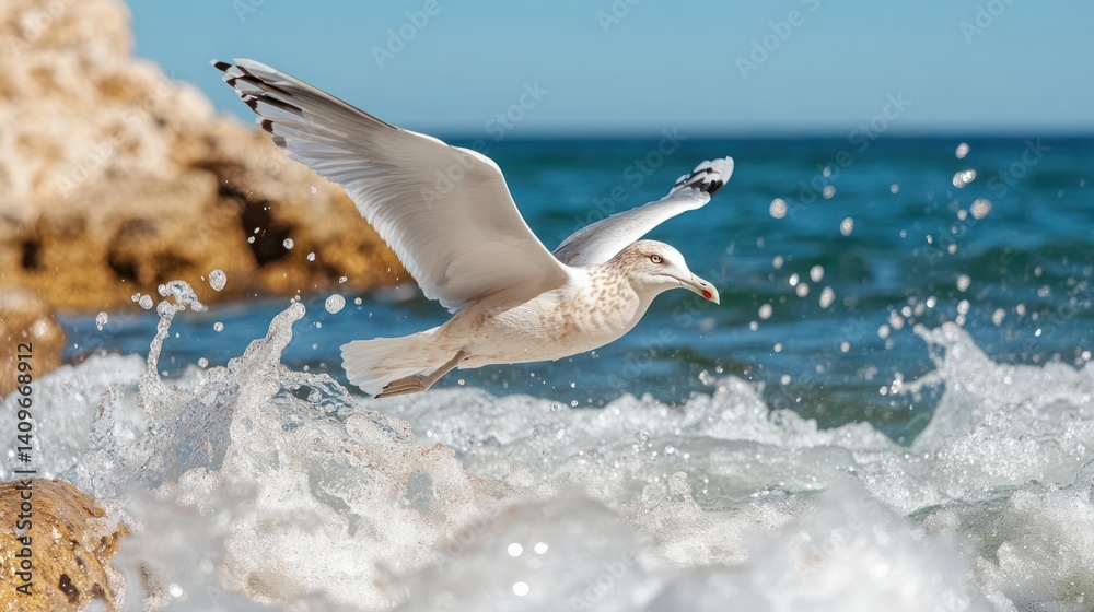 Aufkleber captured at daytime, this image features a white seagull in flight over splashing sea water near a r