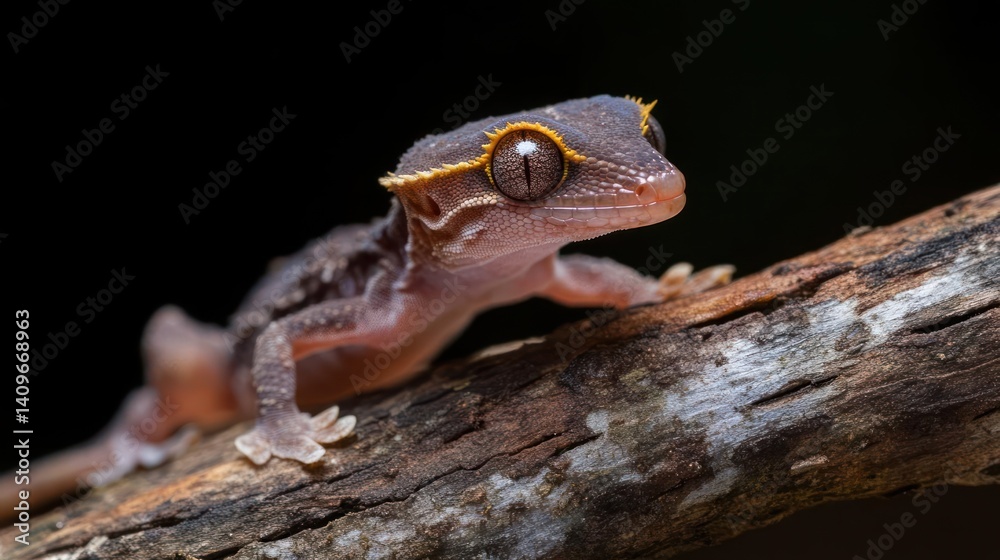 Poster macro shot showcases a brown gecko with a delicate orange trim, resting on a weathered branch, set a