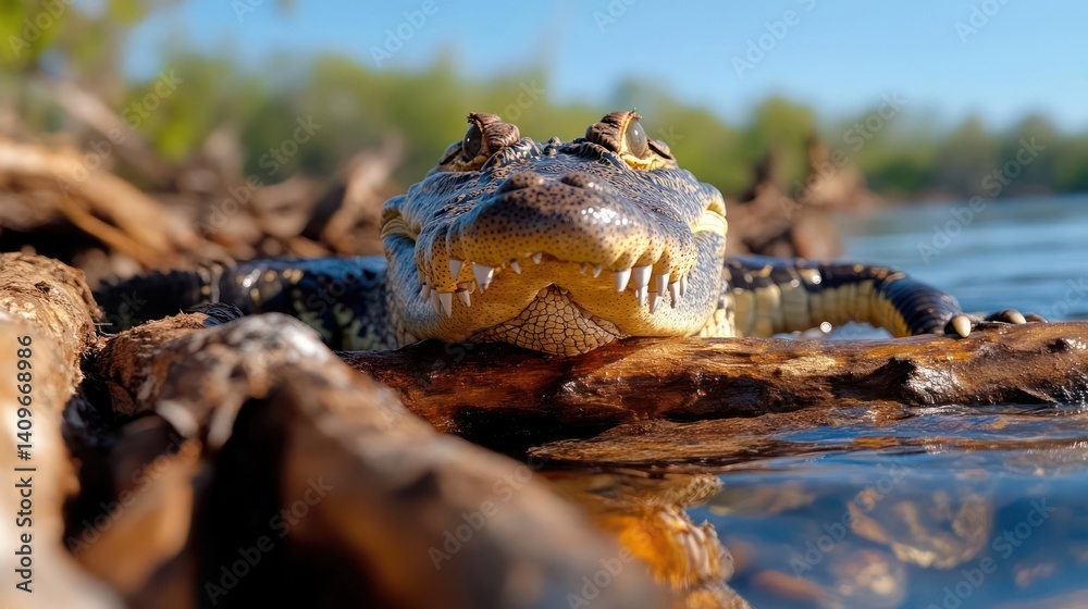 Fototapete close-up of a yacare caiman resting on a log in shallow water. the caiman has dark, scaled skin and 