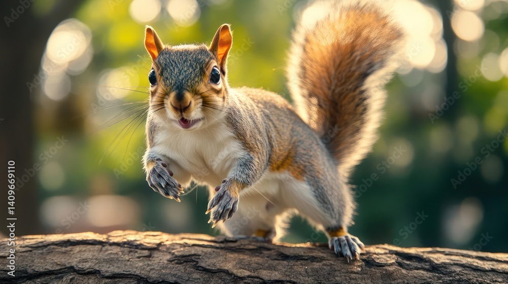 Fototapete close up view of a grey squirrel leaping through the air. the background is bokeh with various shade