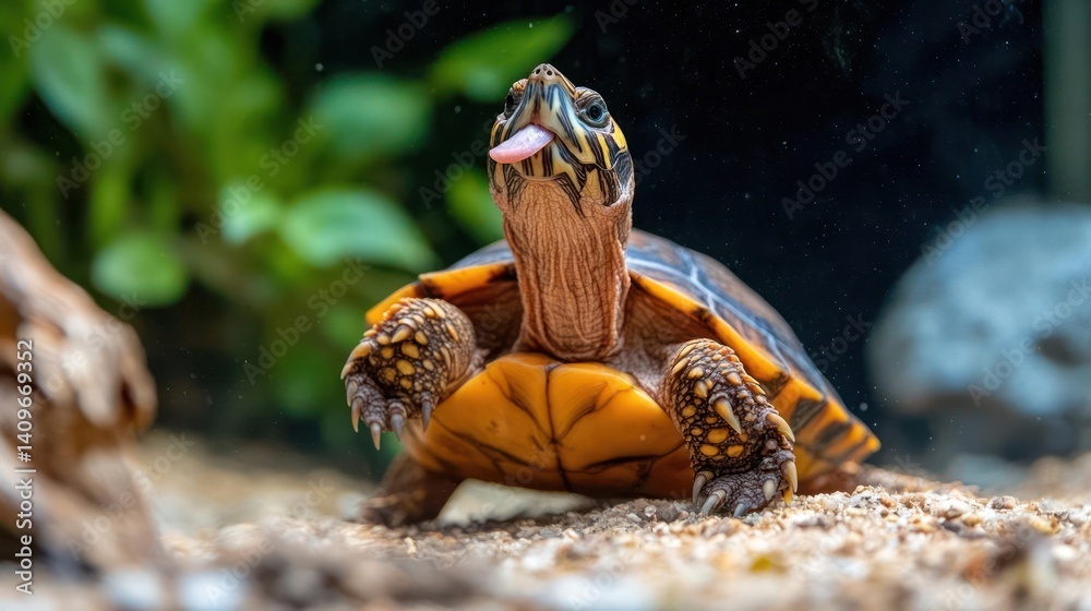 Poster portrait of an orange turtle with black and yellow markings, sticking its tongue out with plants and