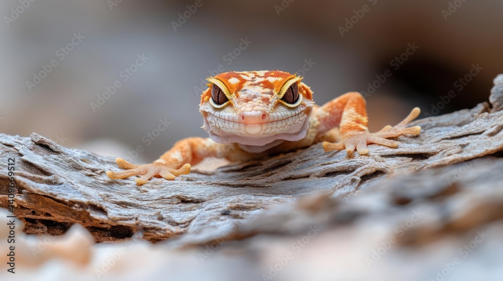 Poster Close-up of a colorful gecko with white, orange, and red markings resting on a textured tree branch. The lizard is in focus, and the background is soft and blurred, showcasing the gecko's intricate