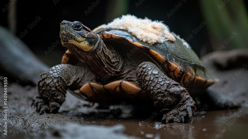 Aufkleber focused closeup captures a turtle with a textured shell and distinctive yellow markings near its hea