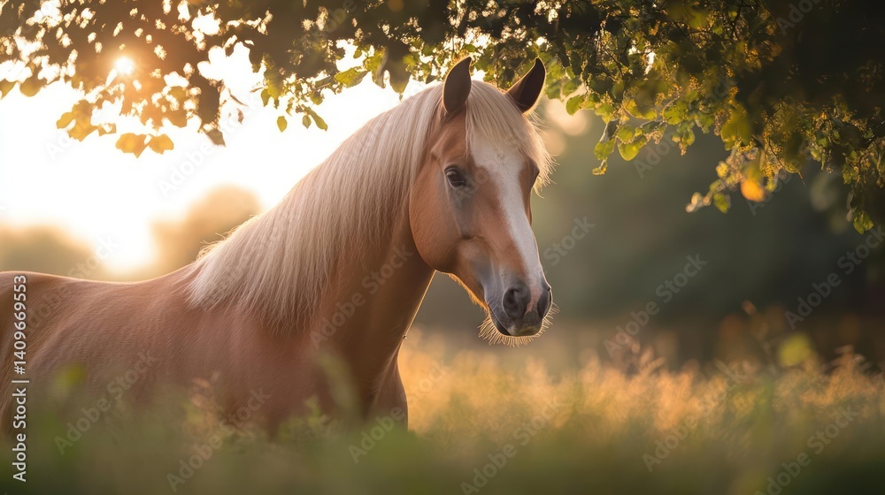 Leinwandbilder a tan horse with a blonde mane stands in a grassy field illuminated by the golden light of the setti