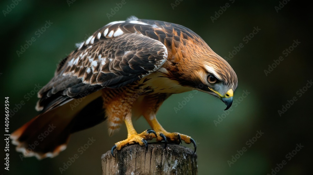 Poster close up of a brown and white hawk perched on a wooden post against a blurred green background. the 