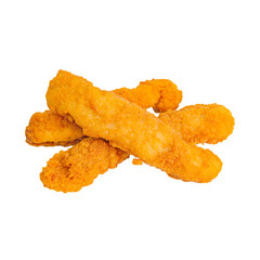 Fried whiting fillet pieces with golden crispy coating arranged diagonally, isolated on white background in clean studio style