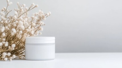 Elegant, minimalist cosmetic container displayed beside dried flowers