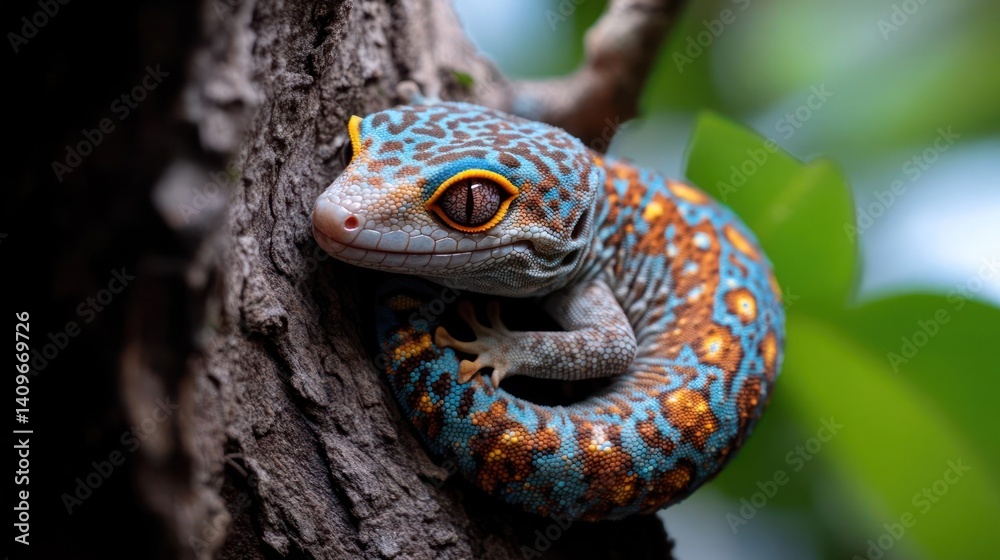Poster a vibrant gecko with turquoise and brown patterned skin curls on a rough branch against a soft green