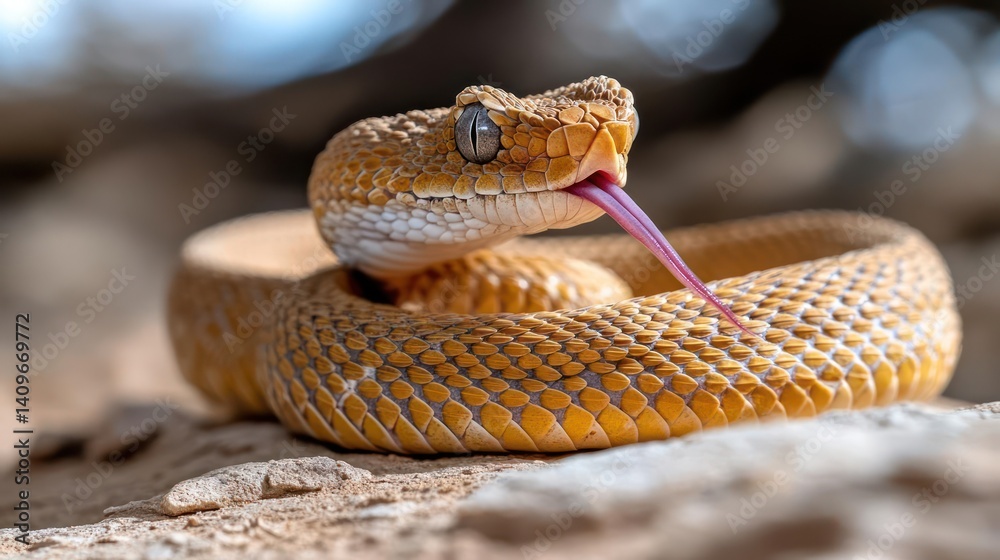 Poster Close up of a coiled yellow snake with rough scales, focusing on its head and tongue extended out. The image, captured with shallow depth of field, features a bokeh background. The snake is set
