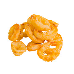 Golden fried onion rings with light crispy batter, stacked naturally on a white background, isolated and shot in studio light