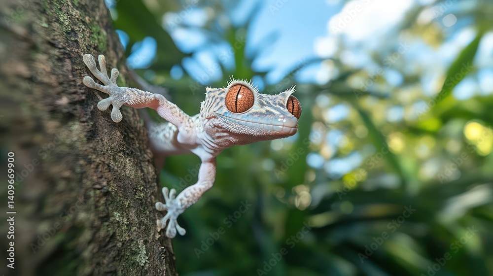 Aufkleber close up of a white gecko with large brown eyes clinging to a rough textured tree trunk. the gecko i