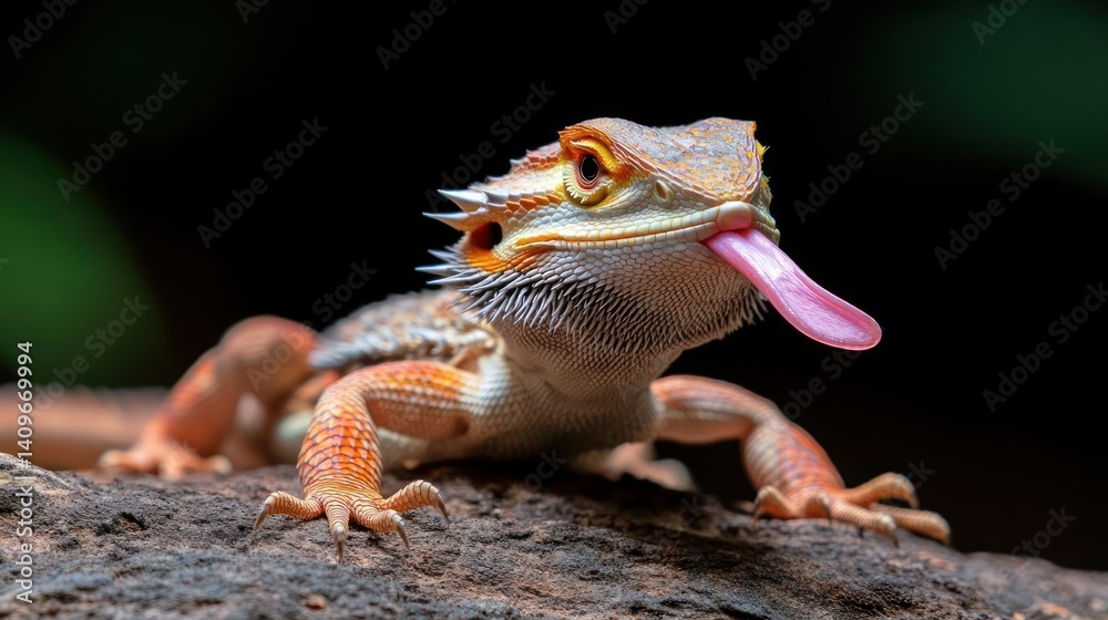 Poster close-up shot of a bearded dragon perched on a tree branch, sticking out its tongue. the reptile fea