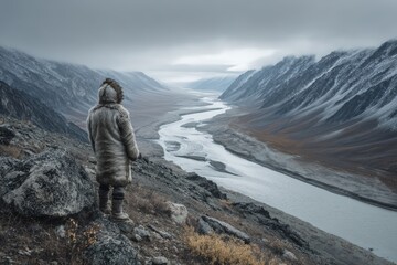 Fototapeta premium Exploring a vast, icy river valley surrounded by rugged mountains in cold weather
