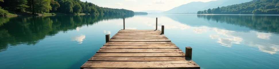 Fototapeta premium Rustic wooden dock extends over calm lake water, serene, rustic