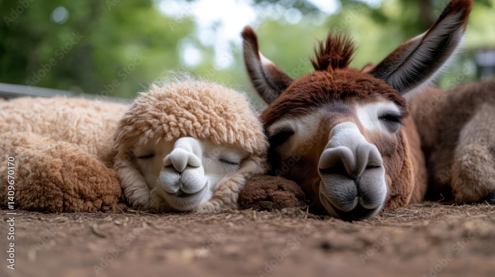Poster close up of two alpaca resting their heads together in a field. the alpaca on the left has white fle