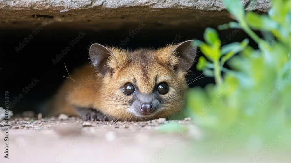 Poster Close up image of a Cusimanse peering out from under a concrete structure, surrounded by greenery. The small, brown mammal with its wet nose is the focal point, set against a blurred background that