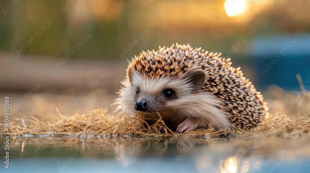 Aufkleber a vibrant macro shot showcases a hedgehog nestled in dry grass with its reflection in a shallow pool