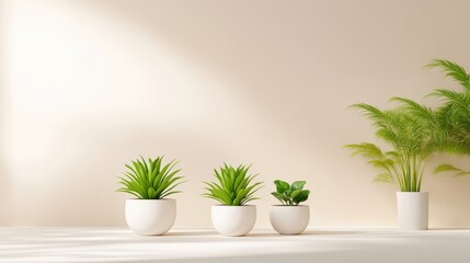 Fototapeta premium Minimalist, sunlit room with potted plants (1)