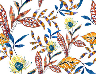 Watercolor flower, leaf, hand drawed on th white background. For textile and fabric. fantasy imaginary flower design