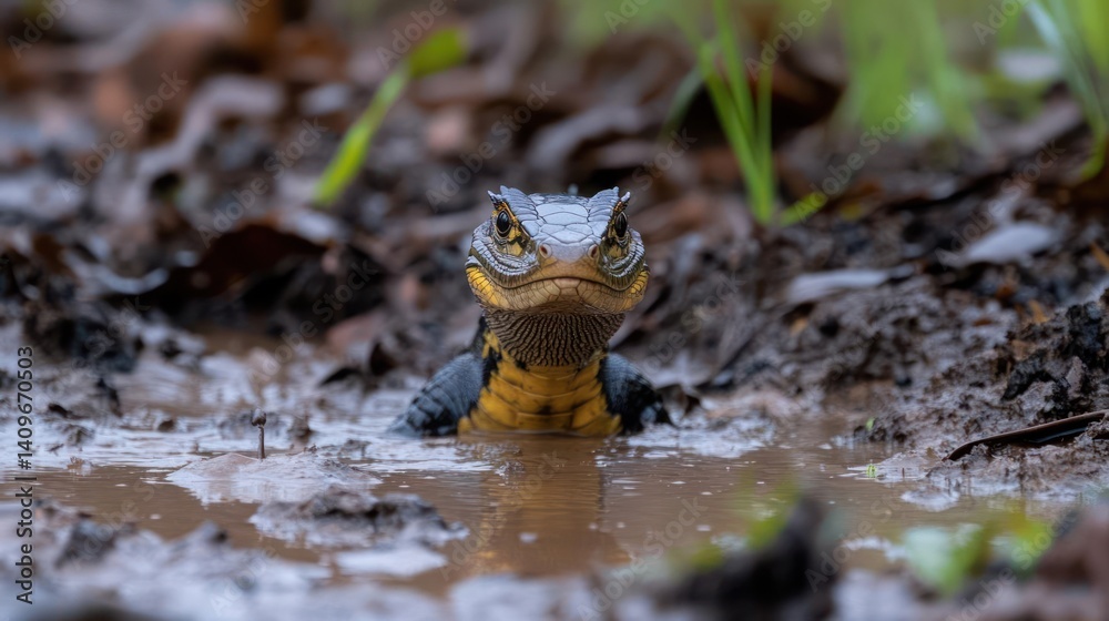Poster a close-up shot captures a vibrant yellow and black newt standing in muddy water, its gaze fixed for