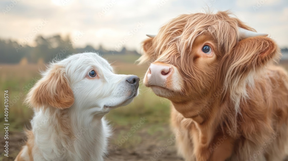 Poster Close up showcasing a light brown highland cow and a white dog in a field, gazing at each other with soft lighting. The background features green grass and trees under a cloudy sky, adding a touch of