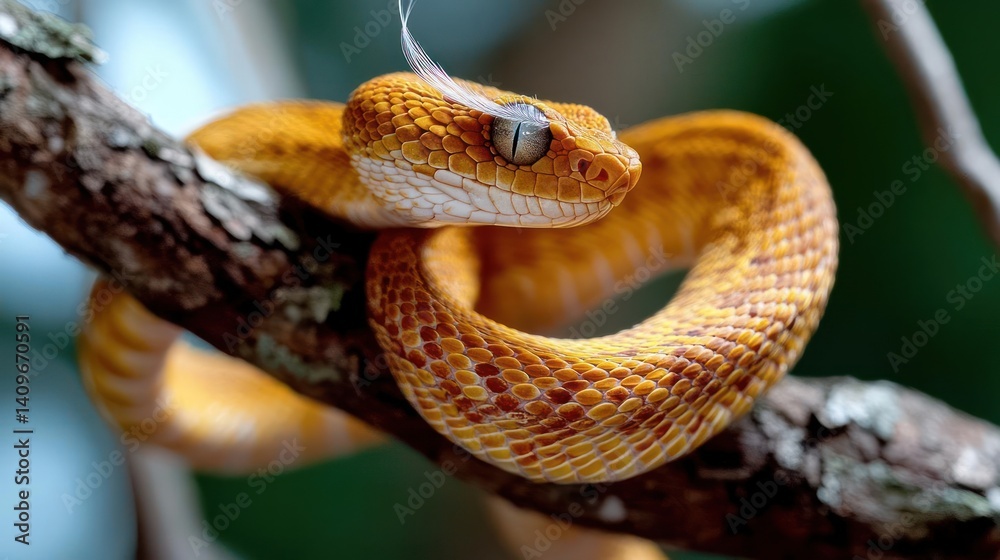 Poster Close-up shot of a yellow eyelash viper resting on a tree branch. The snake features intricate scale patterns and piercing eyes, set against a blurred background of leaves and branches, highlighting
