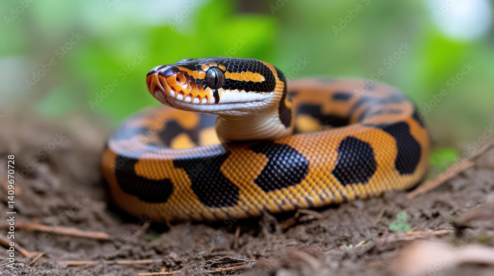 Poster coiled blood python with vibrant red and black pattern on scales, resting on soil, green foliage bac