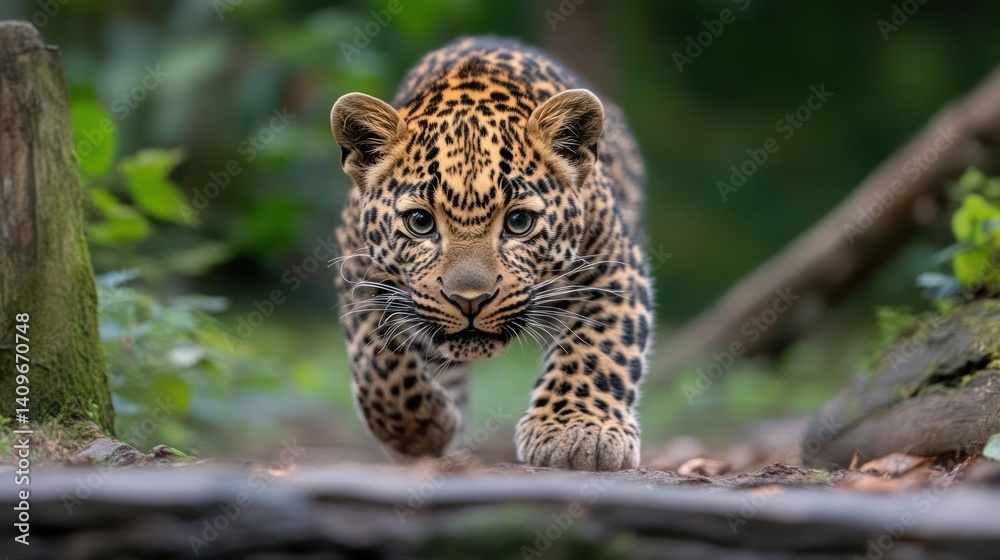 Aufkleber Dramatic close up of a Leopard prowling directly at the viewer. The big cat is surrounded by a lush green forest. Leaves litter the ground around the predator, creating a dense jungle atmosphere