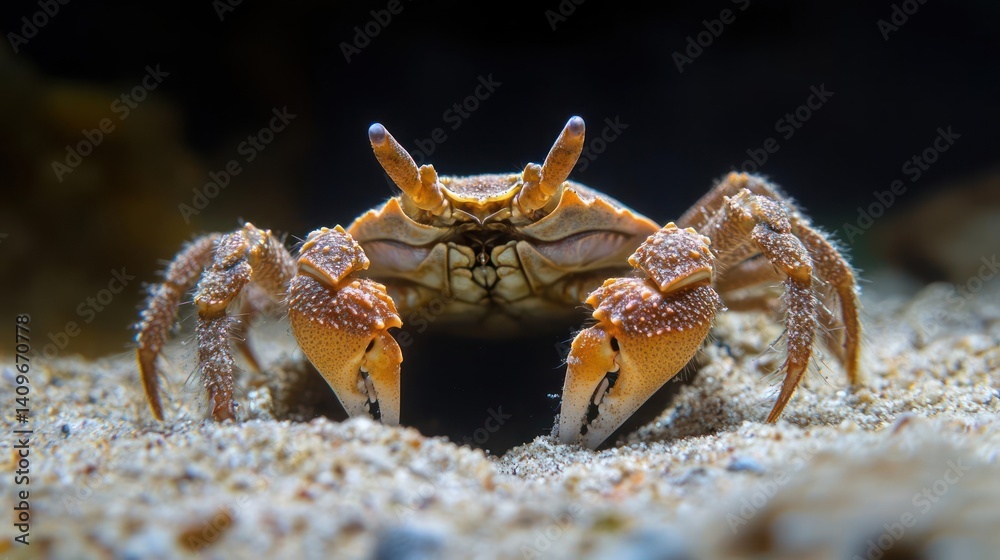 Poster detailed close-up shows a tan crab in a sandy underwater environment. the crustacean features visibl