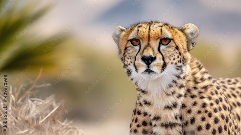 Poster close up shot of a cheetah with distinctive black spots on tan fur, staring directly at the camera w