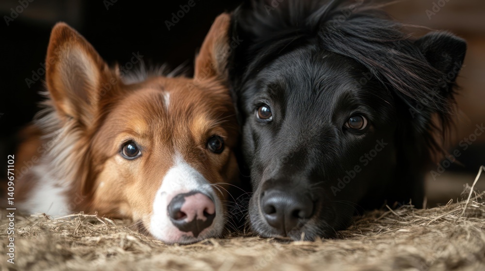 Poster close-up of a dark-haired dog and a brown and white dog lying side by side with their heads resting 