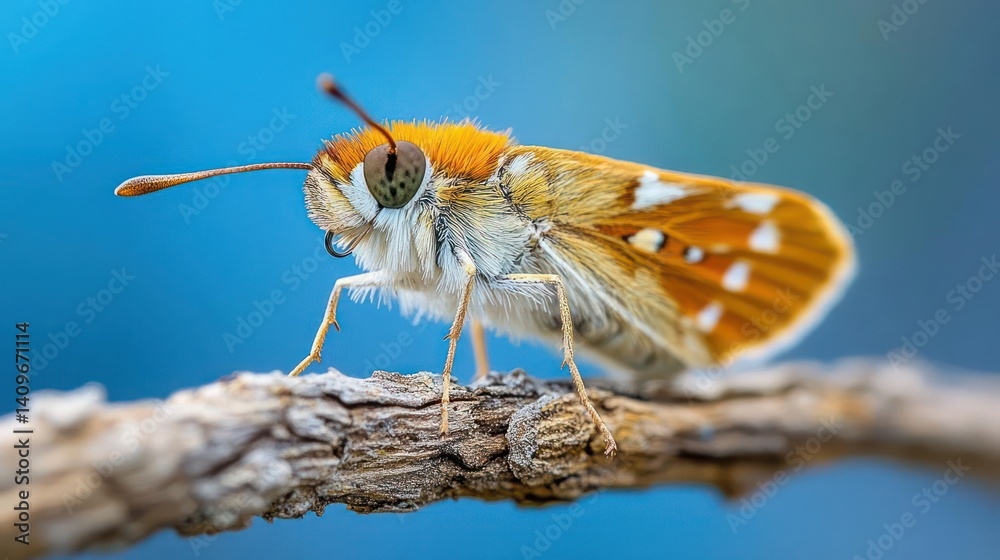 Poster macro shot of a skipper butterfly with orange and white patterns on its wings, perched on a slender,
