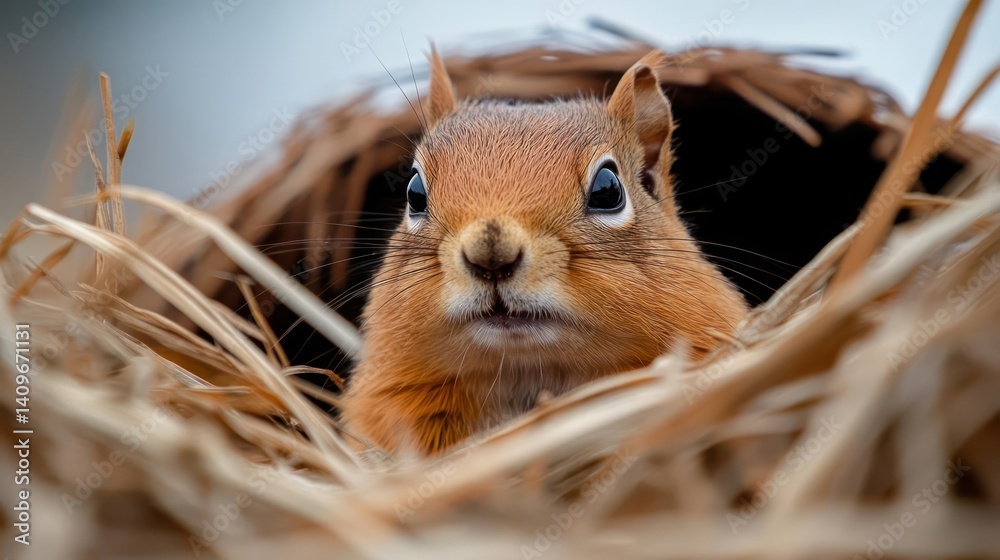 Poster a close-up shot of a golden-brown squirrel nestled in a bed of straw. the background is blurred, and
