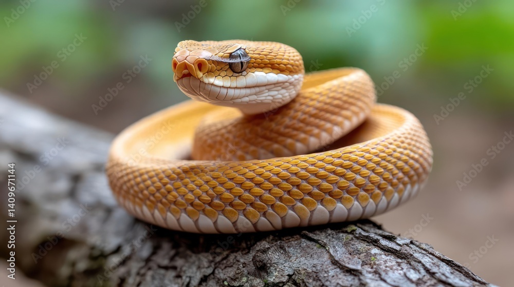 Poster detailed macro shot of a coiled orange snake on a tree branch with a blurred green background. the s