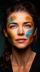 Woman with face is artistically painted with vibrant and colorful brushstrokes, hand-painted style, with rich textures and fine details.