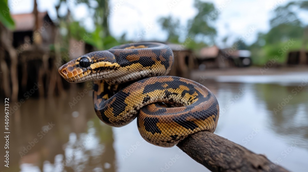 Poster A python coiled on a branch over water. The snake has brown and yellow markings. The background shows a village scene with houses and trees. The water reflects the surroundings. It's a close-up shot