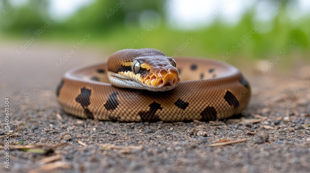 Poster close-up shot of a ball python with brown and black markings coiled on a gravel path with a blurred 