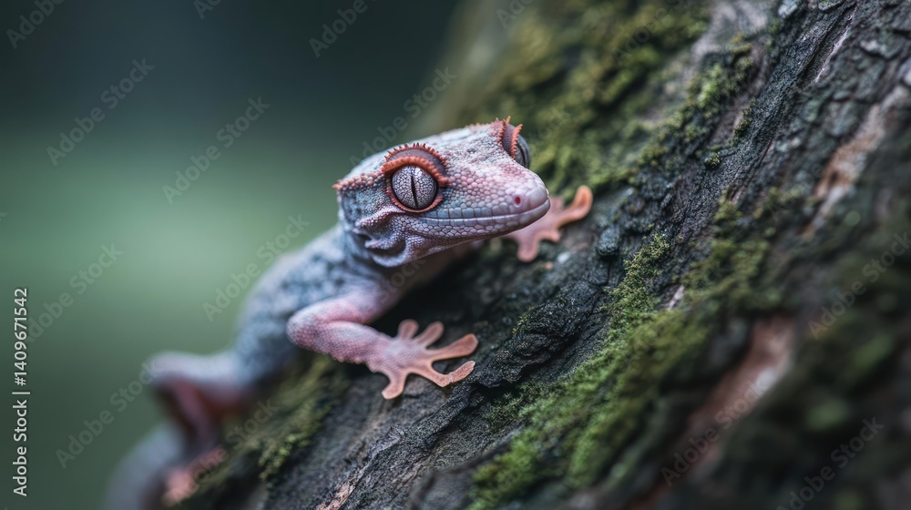 Poster detailed shot of a gargoyle gecko clinging to a mossy tree branch, showcasing its textured skin, lar
