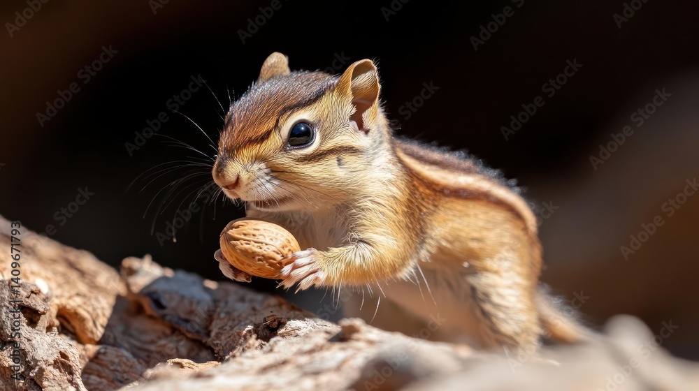 Poster close-up shot of a golden-mantled ground squirrel perched on a log, holding a nut. it features strik