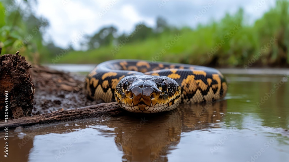Poster detailed close up shot of a black and yellow python in shallow water, with green foliage in the back