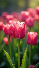 Naklejka premium Dew-kissed pink tulips in vibrant spring garden , macro, wildlife