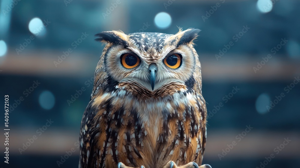 Poster detailed portrait of an owl with striking orange eyes and textured brown and white feathers. the bac