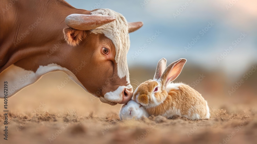 Poster Close up of a brown and white cow gently touching noses with a fluffy rabbit in a field. The background is blurred, highlighting the tender interaction between the animals in a natural setting