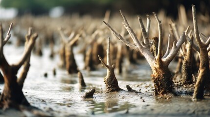 Gnarled mangrove roots emerge from muddy waters, creating a surreal coastal landscape under soft light, symbolizing resilience and adaptability.