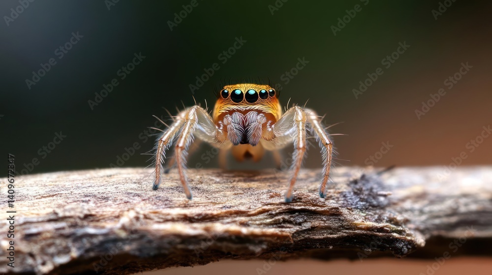Poster a close-up shot features a vibrant orange jumping spider with iridescent markings perched on a textu
